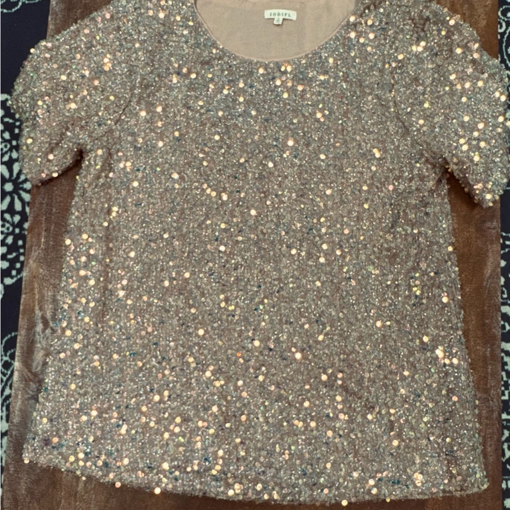 Jodifl Sequin Short Sleeve Top Sparkly Champagne‎ festive cocktail Women’s Small